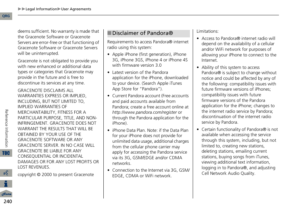 Disclaimer of pandora | Acura 2014 ILX Navigation User Manual | Page 241 / 260