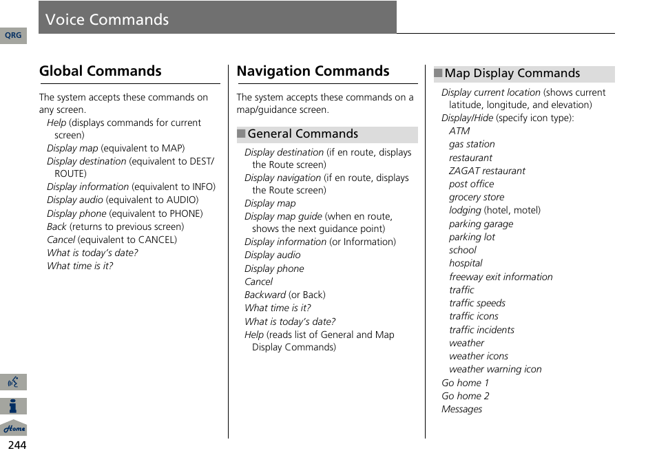 Voice commands, 2 voice commands, P. 244 | 2 global commands p. 244, 2 map display commands p. 244, Global commands, Navigation commands | Acura 2014 ILX Navigation User Manual | Page 245 / 260