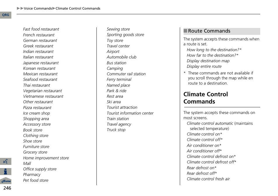 2 route commands p. 246, Climate control commands | Acura 2014 ILX Navigation User Manual | Page 247 / 260