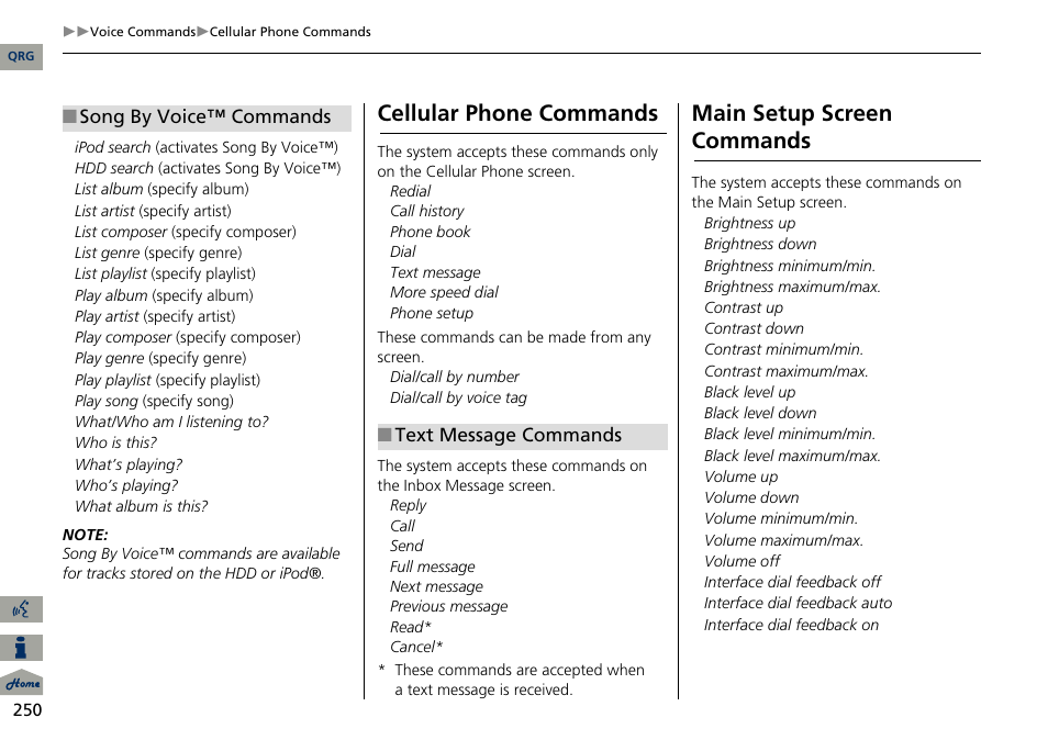 2 song by voice™ commands p. 250, 2 text message commands p. 250, Cellular phone commands | Main setup screen commands | Acura 2014 ILX Navigation User Manual | Page 251 / 260