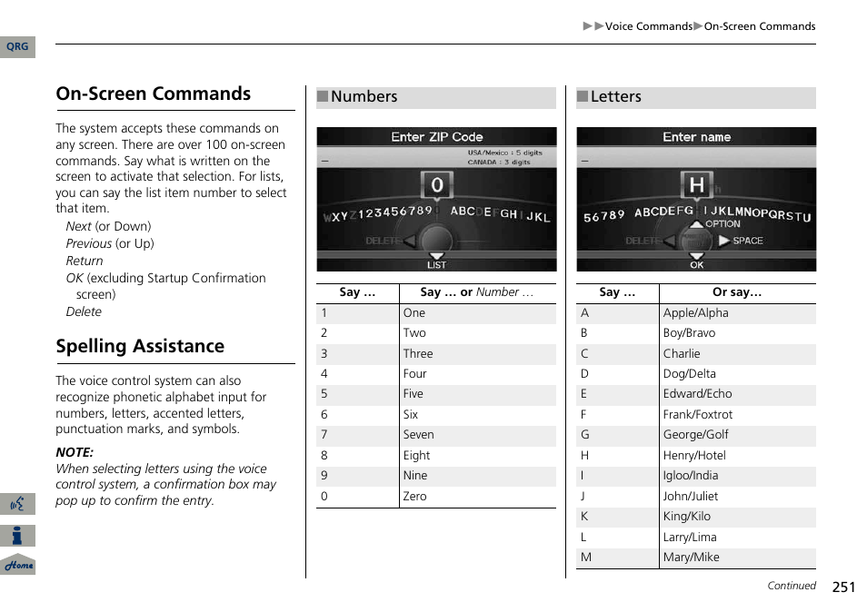 On-screen commands, Spelling assistance, Numbers | Letters | Acura 2014 ILX Navigation User Manual | Page 252 / 260