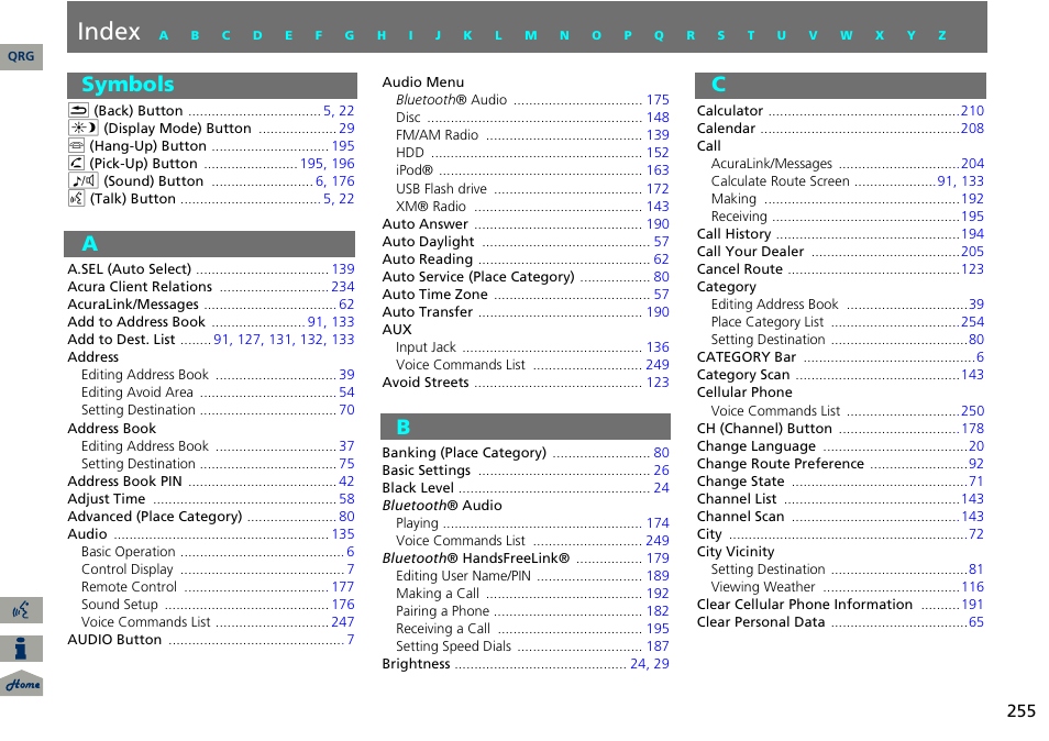 Index, Symbols, A - c | P.255 | Acura 2014 ILX Navigation User Manual | Page 256 / 260