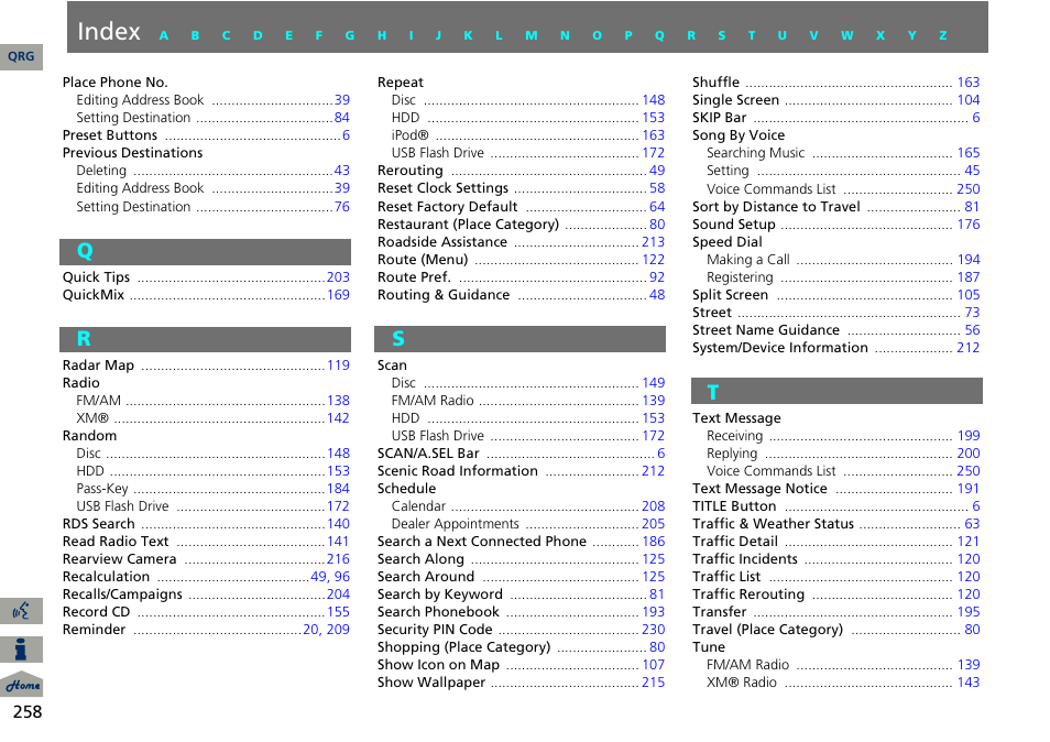 Q - t, Index | Acura 2014 ILX Navigation User Manual | Page 259 / 260