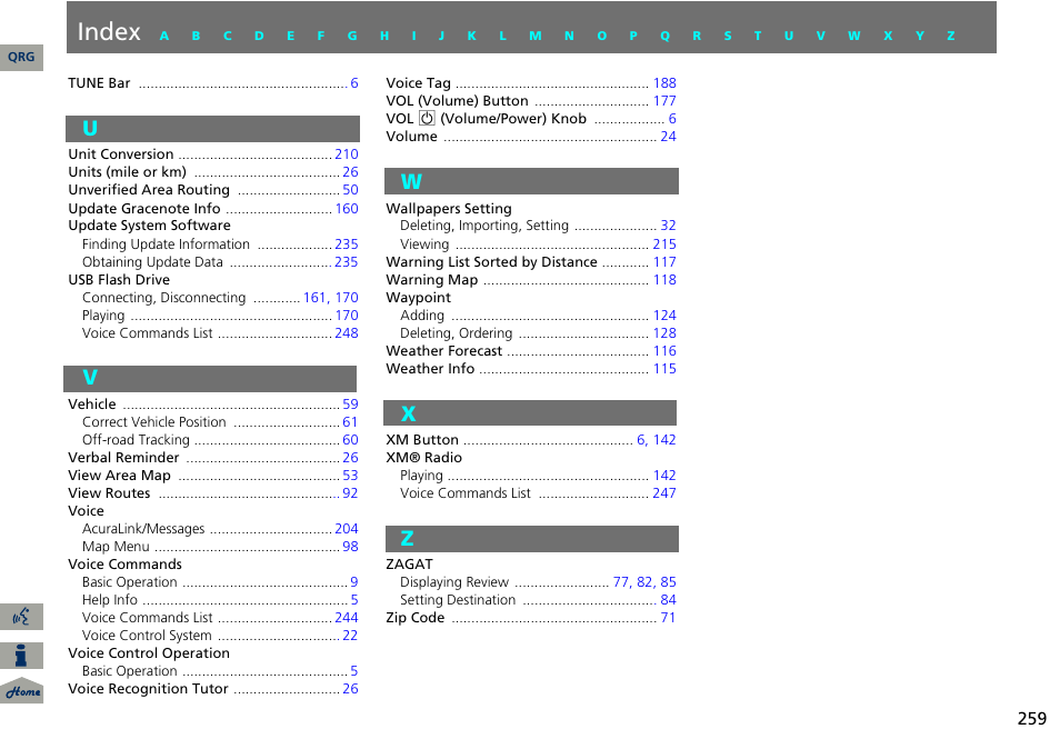 U - z, Index | Acura 2014 ILX Navigation User Manual | Page 260 / 260