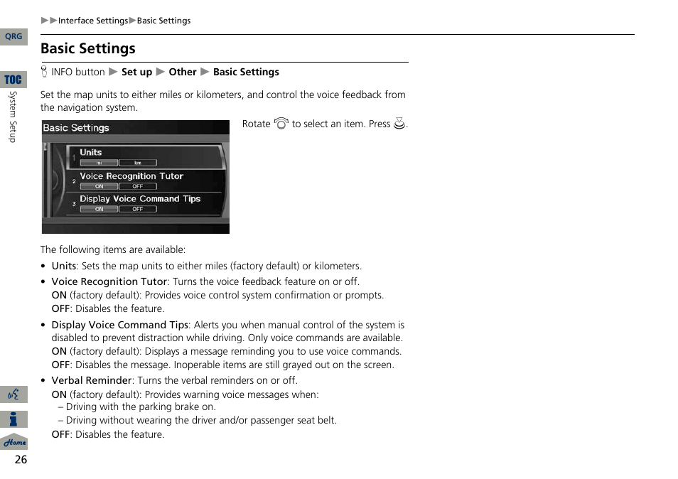 2 basic settings, P. 26, Basic settings | Acura 2014 ILX Navigation User Manual | Page 27 / 260