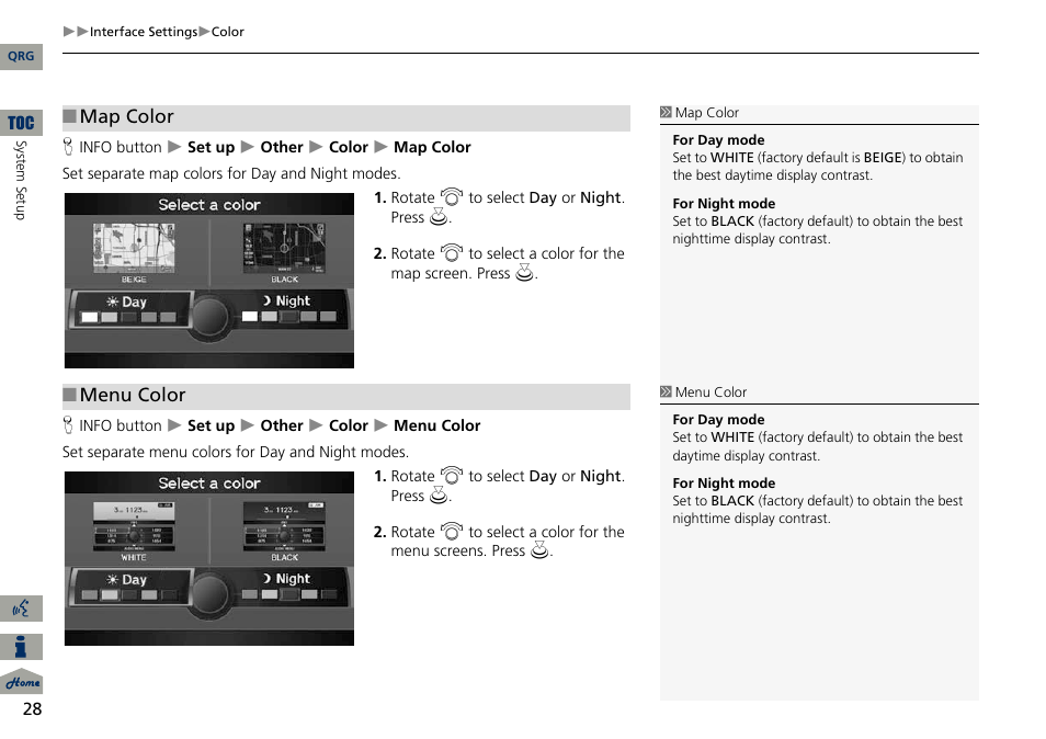 2 map color, P. 28, 2 menu color | Acura 2014 ILX Navigation User Manual | Page 29 / 260