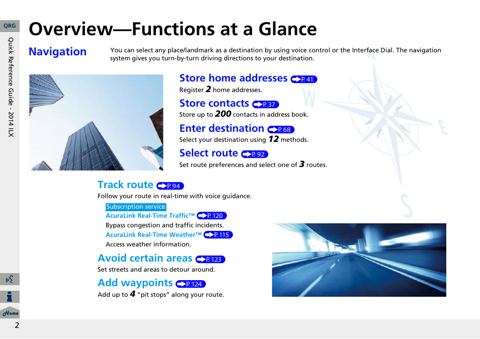 Quick reference guide, Overview—functions at a glance, Navigation | Store home addresses, Store contacts, Enter destination, Select route, Track route, Avoid certain areas, Add waypoints | Acura 2014 ILX Navigation User Manual | Page 3 / 260