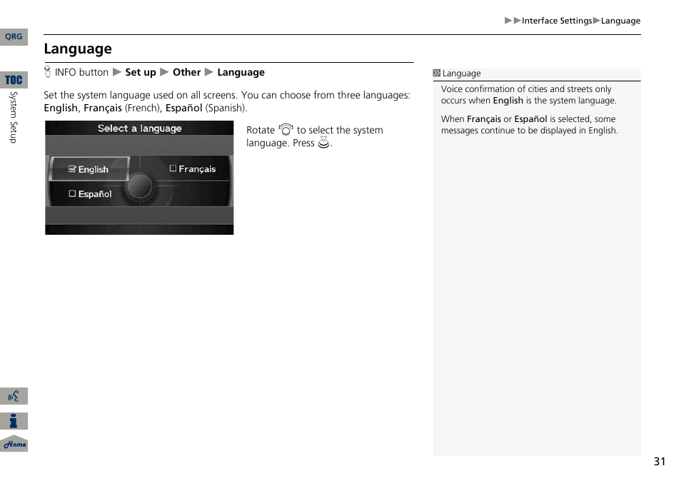 2 language p. 31, Language | Acura 2014 ILX Navigation User Manual | Page 32 / 260