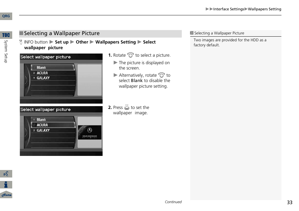 2 selecting a wallpaper picture, P. 33, Selecting a wallpaper picture | Acura 2014 ILX Navigation User Manual | Page 34 / 260