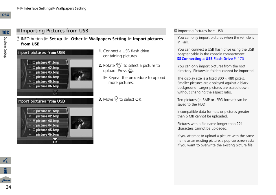 2 importing pictures from usb, P. 34, Importing pictures from usb | Acura 2014 ILX Navigation User Manual | Page 35 / 260