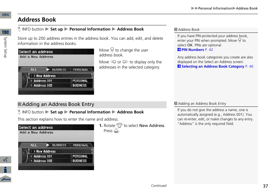 P37), 2 address book, P. 37 | Address book, Adding an address book entry | Acura 2014 ILX Navigation User Manual | Page 38 / 260