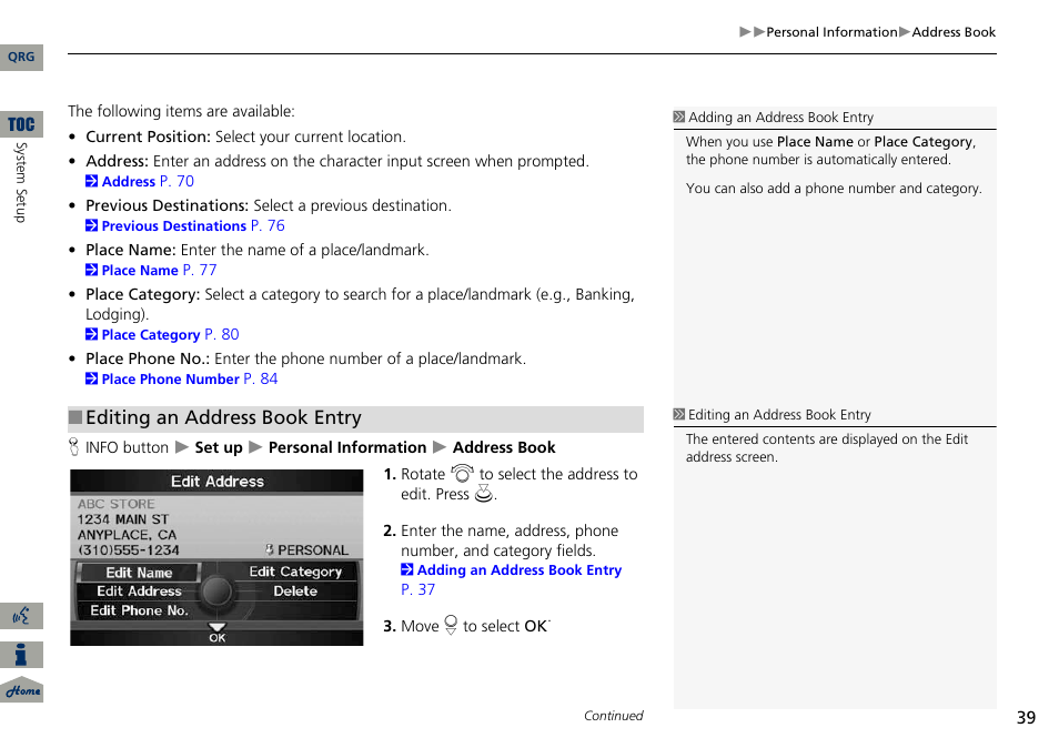 Editing an address book entry | Acura 2014 ILX Navigation User Manual | Page 40 / 260