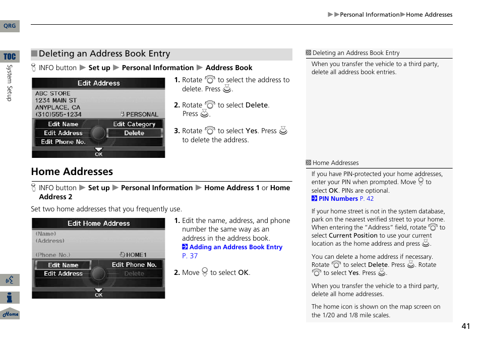 P41), 2 home addresses, P. 41 | Home addresses, Deleting an address book entry | Acura 2014 ILX Navigation User Manual | Page 42 / 260