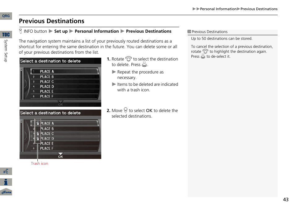 2 previous destinations, P. 43, Previous destinations | Acura 2014 ILX Navigation User Manual | Page 44 / 260