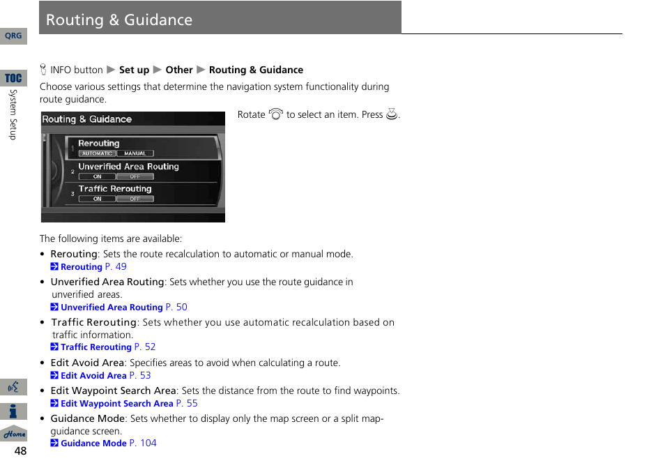 Routing & guidance, Ance | Acura 2014 ILX Navigation User Manual | Page 49 / 260