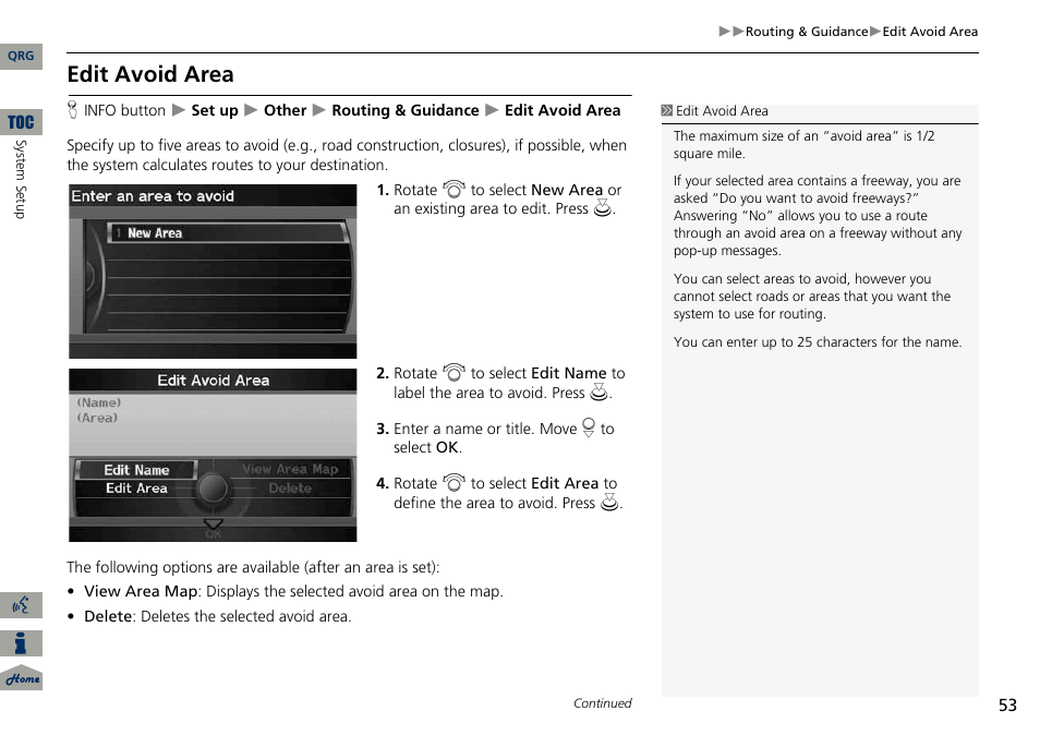 2 edit avoid area, P. 53, Edit avoid area | Acura 2014 ILX Navigation User Manual | Page 54 / 260