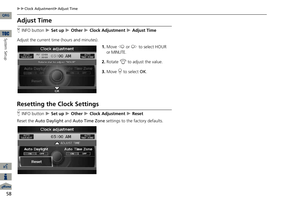 2 adjust time, P. 58, 2 resetting the clock settings | Adjust time, Resetting the clock settings | Acura 2014 ILX Navigation User Manual | Page 59 / 260