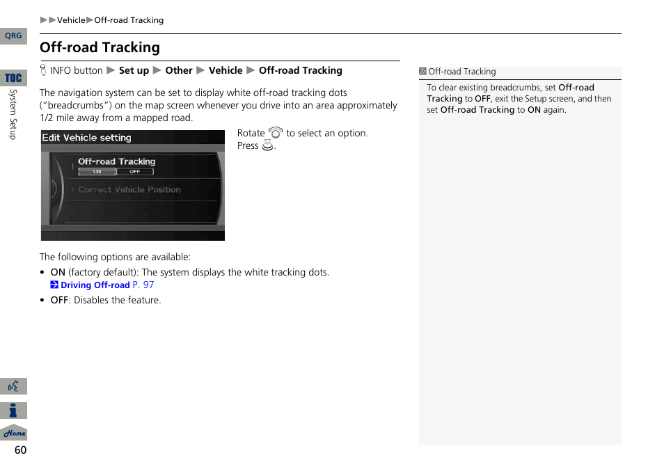 2 off-road tracking, P. 60, Off-road tracking | Acura 2014 ILX Navigation User Manual | Page 61 / 260