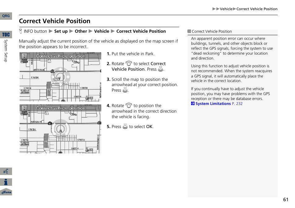 2 correct vehicle position, P. 61, Correct vehicle position | Acura 2014 ILX Navigation User Manual | Page 62 / 260