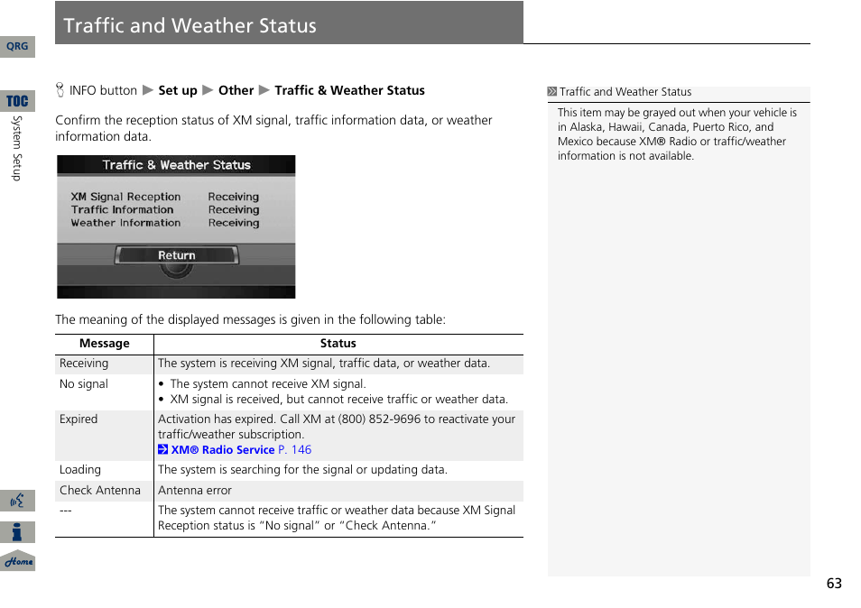 Traffic and weather status | Acura 2014 ILX Navigation User Manual | Page 64 / 260