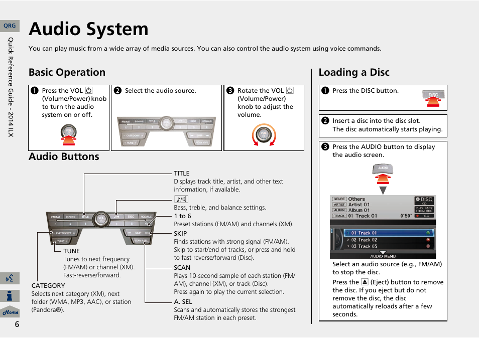 Audio system, Basic operation audio buttons, Loading a disc | Acura 2014 ILX Navigation User Manual | Page 7 / 260