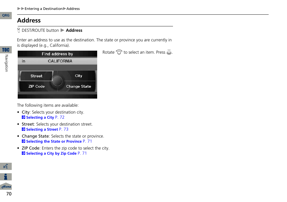 2 address, P. 70, Address | Acura 2014 ILX Navigation User Manual | Page 71 / 260