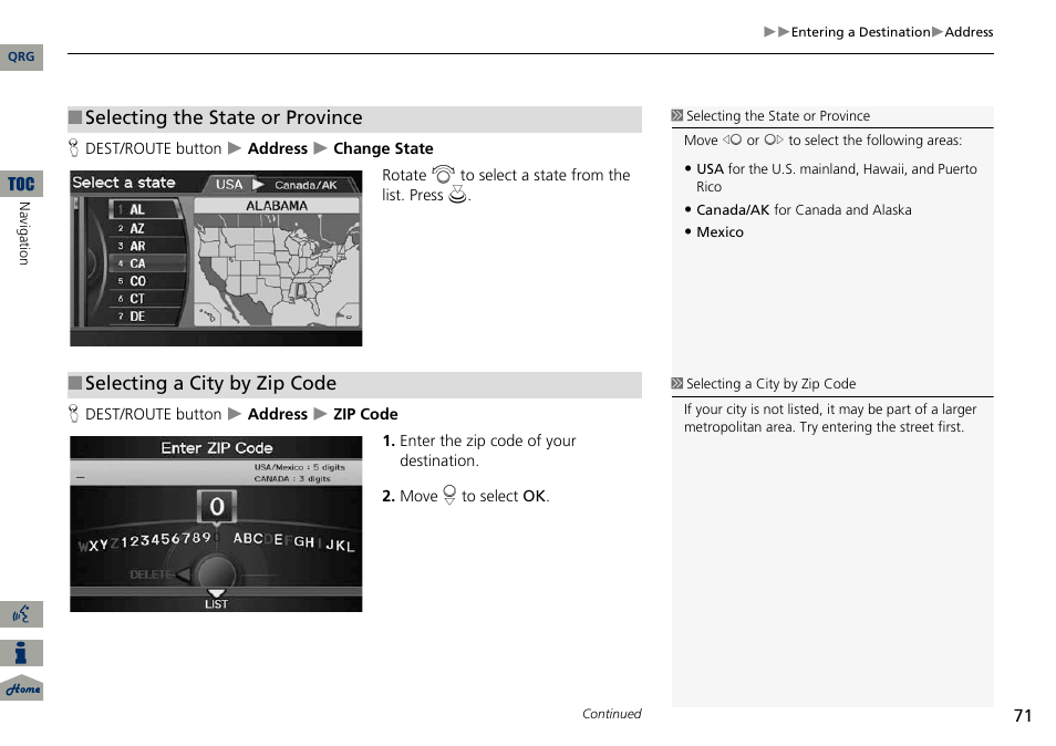 2 selecting the state or province, P. 71, 2 selecting a city by zip code | Selecting the state or province, Selecting a city by zip code | Acura 2014 ILX Navigation User Manual | Page 72 / 260