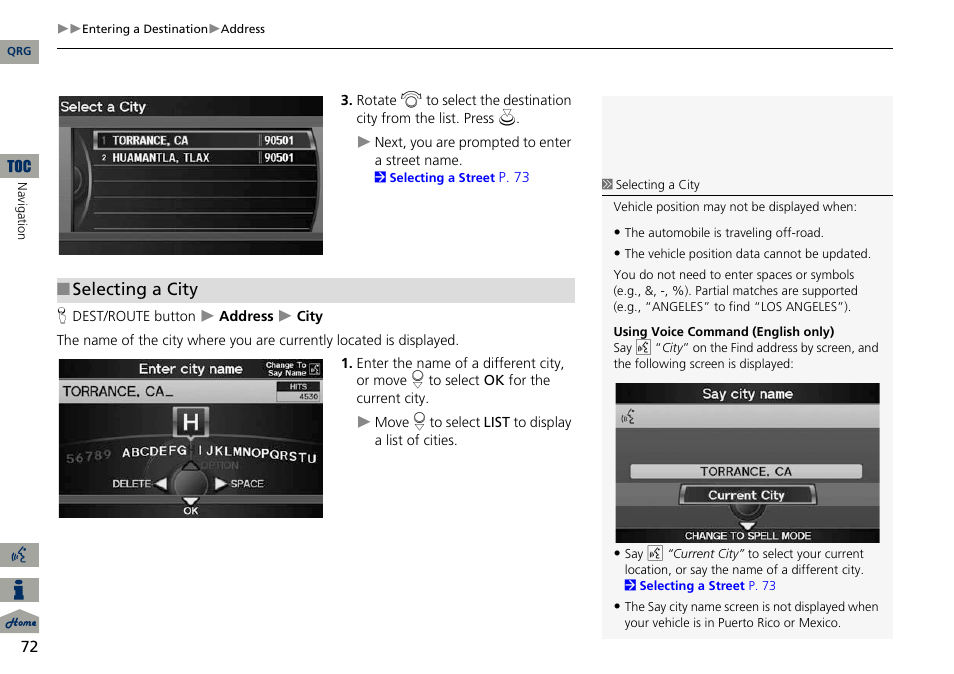 2 selecting a city, P. 72, Selecting a city | Acura 2014 ILX Navigation User Manual | Page 73 / 260
