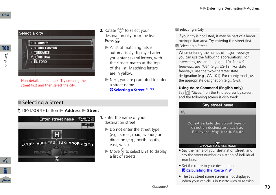 2 selecting a street, P. 73, Selecting a street | Acura 2014 ILX Navigation User Manual | Page 74 / 260
