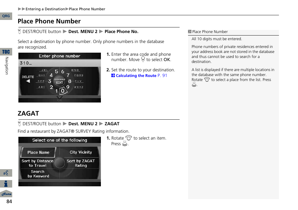 2 place phone number, P. 84, 2 zagat | 2 zagat p. 84, Place phone number, Zagat | Acura 2014 ILX Navigation User Manual | Page 85 / 260