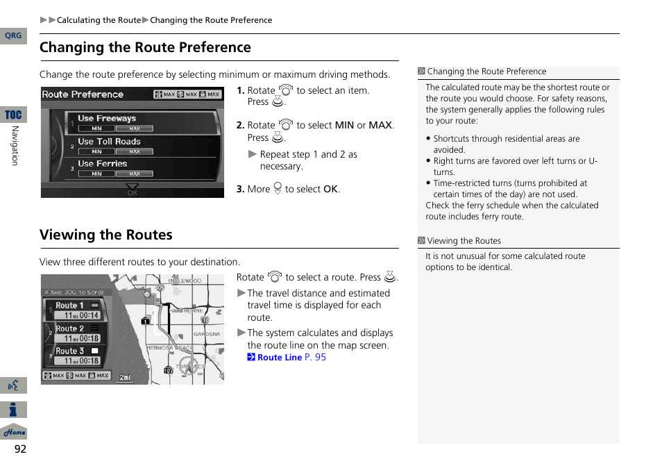 P92), 2 changing the route preference, P. 92 | 2 viewing the routes, Changing the route preference, Viewing the routes | Acura 2014 ILX Navigation User Manual | Page 93 / 260