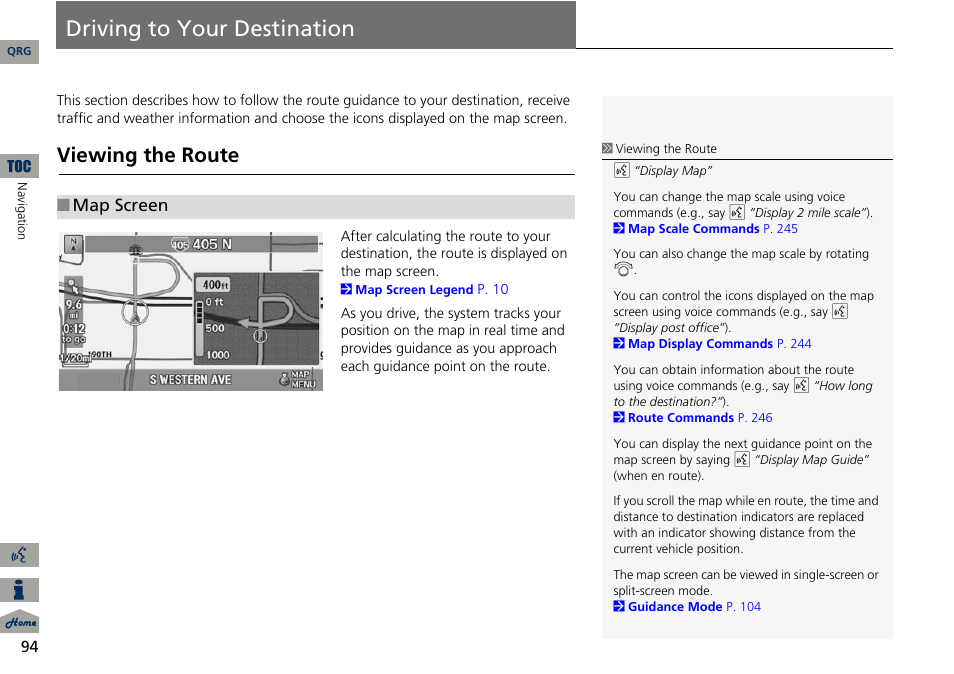 Driving to your destination, P94), 2 driving to your destination | P. 94, Viewing the route, Map screen | Acura 2014 ILX Navigation User Manual | Page 95 / 260