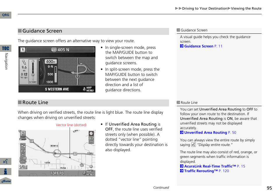 P95), 2 route line, P. 95 | Guidance screen, Route line | Acura 2014 ILX Navigation User Manual | Page 96 / 260