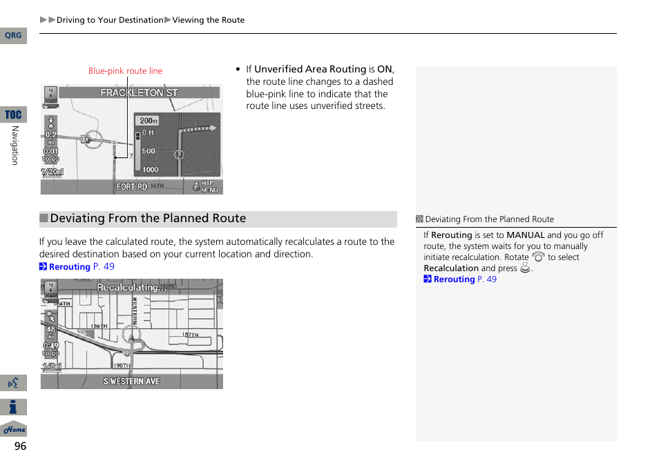 Deviating from the planned route | Acura 2014 ILX Navigation User Manual | Page 97 / 260