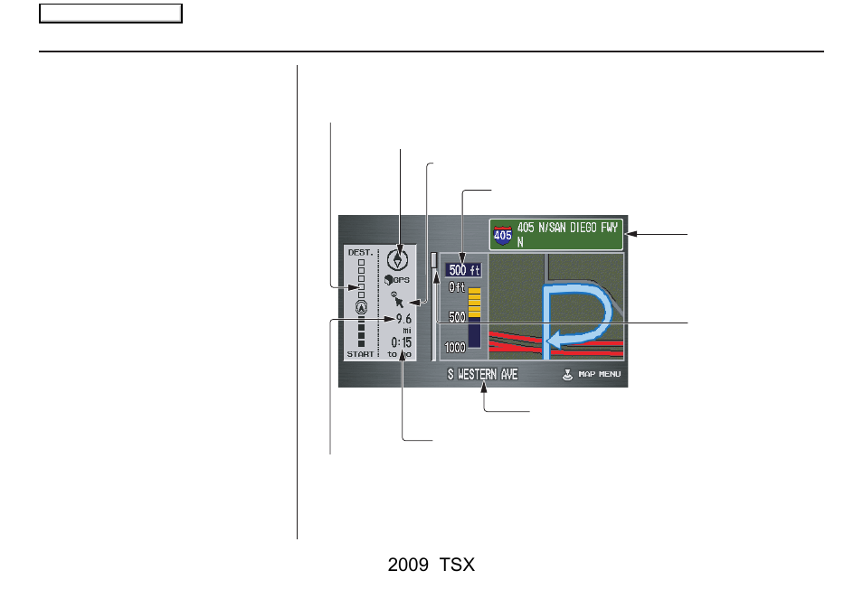 Driving to your destination, 2009 tsx, Guidance screen | Acura 2009 TSX Navigation User Manual | Page 56 / 170