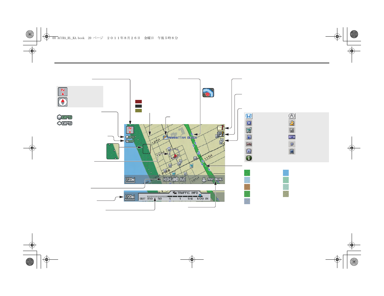 Getting started, Map screen legend | Acura 2012 RL Navigation User Manual | Page 21 / 177
