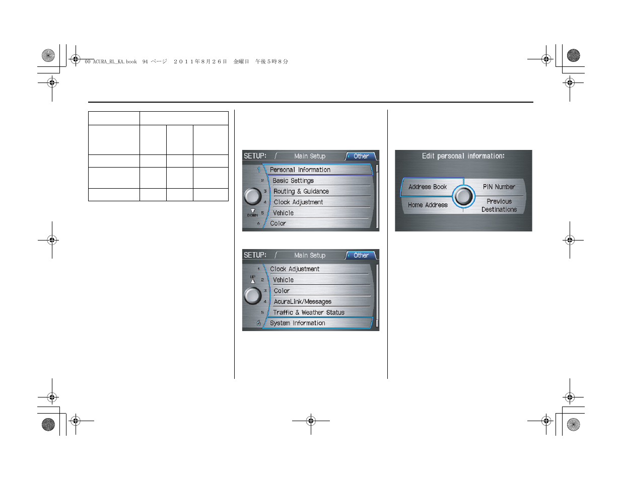 System setup | Acura 2012 RL Navigation User Manual | Page 95 / 177