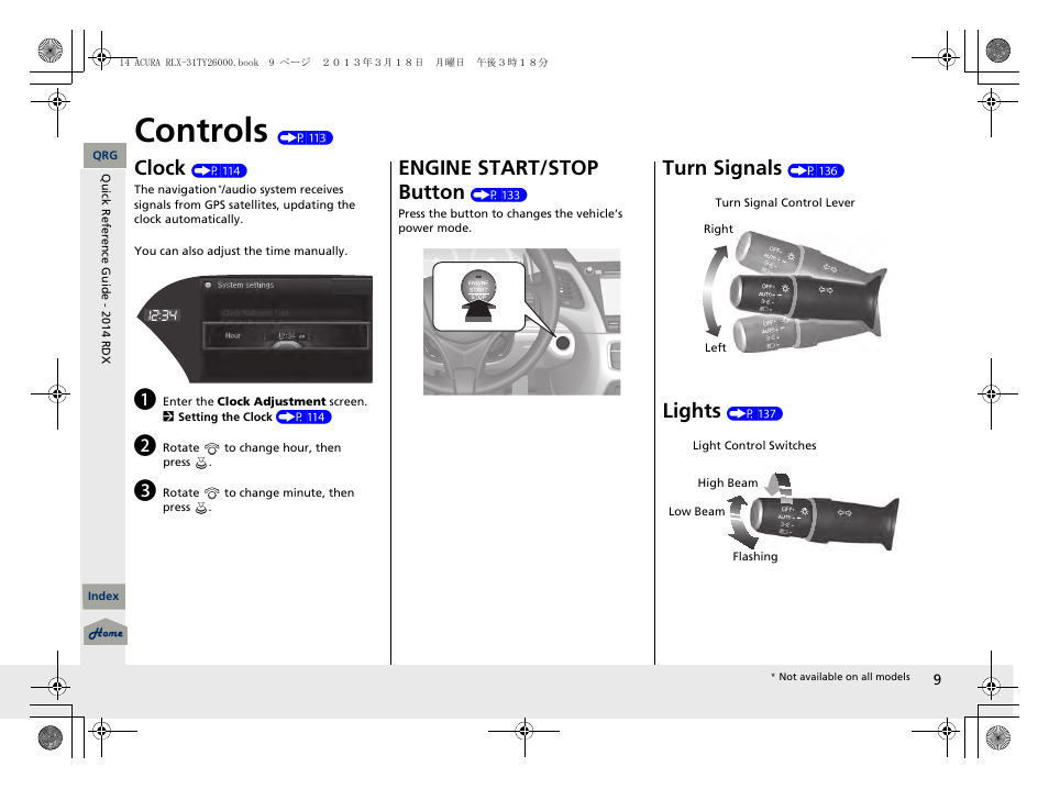 Controls (p 113), Controls, Clock | Engine start/stop button, Turn signals, Lights | Acura 2014 RLX User Manual | Page 10 / 518