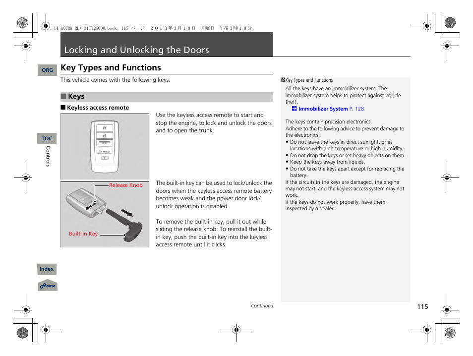 P. 115, Locking and unlocking the doors, Key types and functions | Acura 2014 RLX User Manual | Page 116 / 518