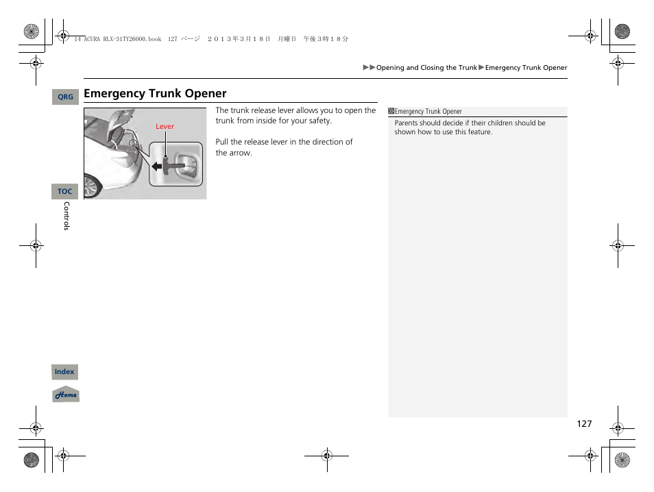P 127), Emergency trunk opener | Acura 2014 RLX User Manual | Page 128 / 518