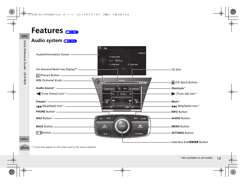 Features (p 187), Features, Audio system | Acura 2014 RLX User Manual | Page 14 / 518