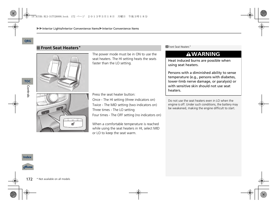 P 172), Warning | Acura 2014 RLX User Manual | Page 173 / 518