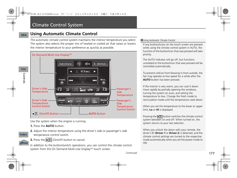 P. 177, P 177), Climate control system | Using automatic climate control | Acura 2014 RLX User Manual | Page 178 / 518