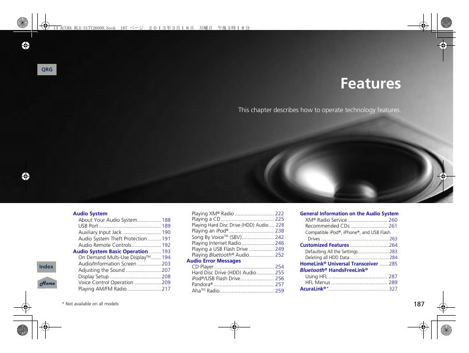 Features, 2 features p. 187, P. 187 | P 187) | Acura 2014 RLX User Manual | Page 188 / 518