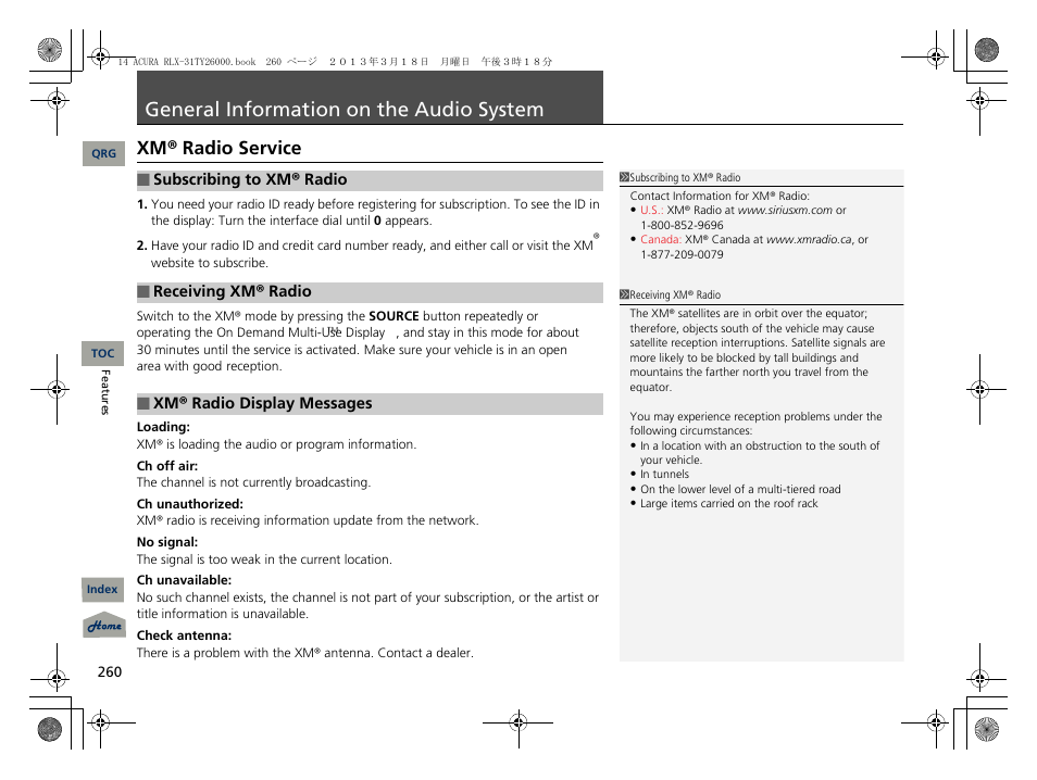 P. 260, General information on the audio system, 2 general information on the audio system | Xm® radio service | Acura 2014 RLX User Manual | Page 261 / 518