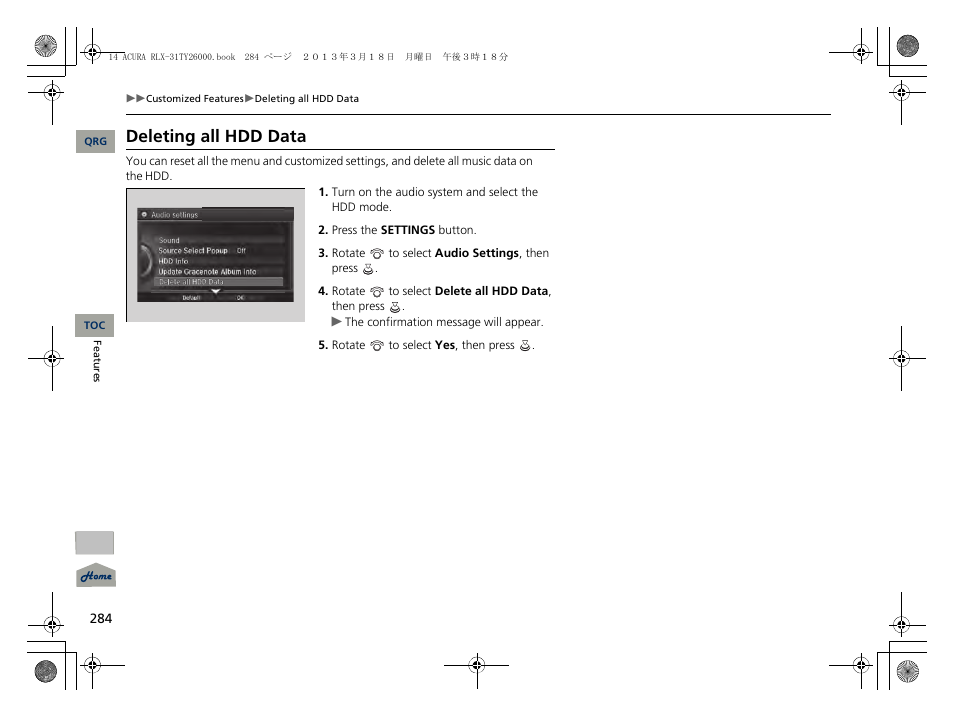 2 deleting all hdd data p. 284, Deleting all hdd data | Acura 2014 RLX User Manual | Page 285 / 518