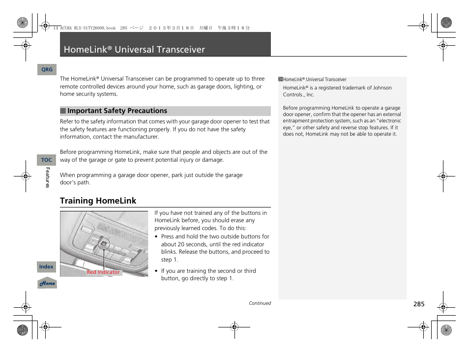 P. 285, Homelink® universal transceiver, Training homelink | Acura 2014 RLX User Manual | Page 286 / 518