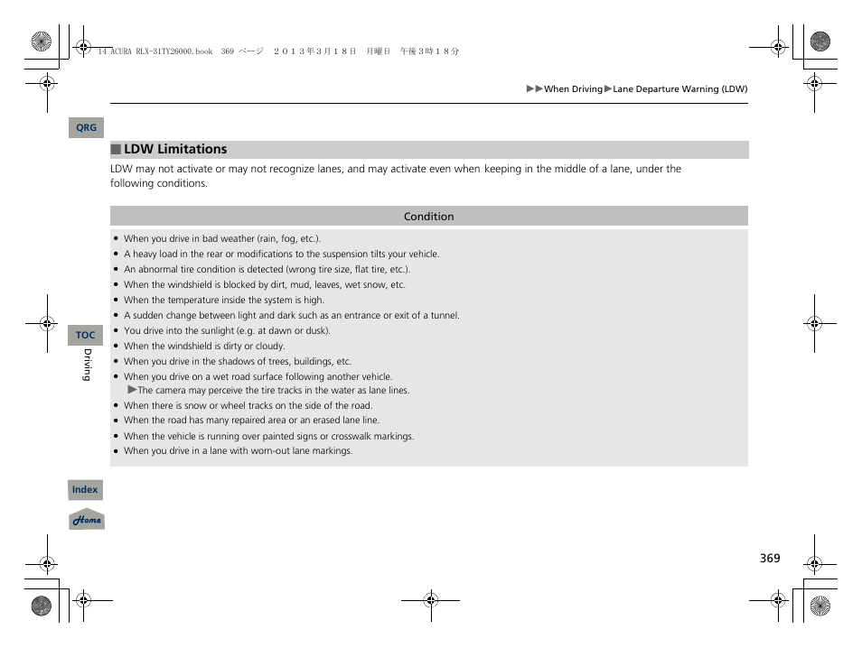 Ldw limitations | Acura 2014 RLX User Manual | Page 370 / 518