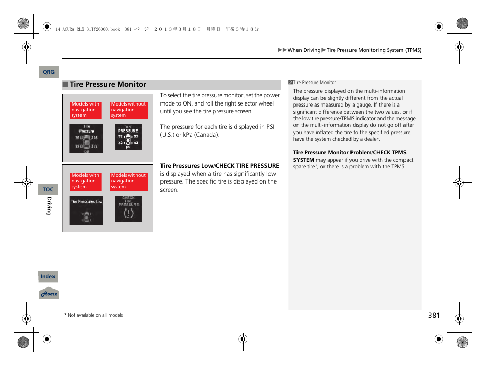 Tire pressure monitor | Acura 2014 RLX User Manual | Page 382 / 518