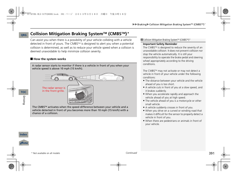 2 collision mitigation braking, System, Cmbs | P. 391, 2 collision mitigation braking system, Collision mitigation braking system | Acura 2014 RLX User Manual | Page 392 / 518